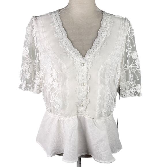 Alice Blue Lace Peplum V-Neck Blouse White XL New - Picture 13 of 13